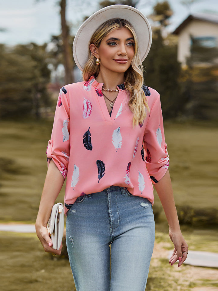 Printed Roll-Tab Sleeve Notched Neck Blouse Burnt Coral