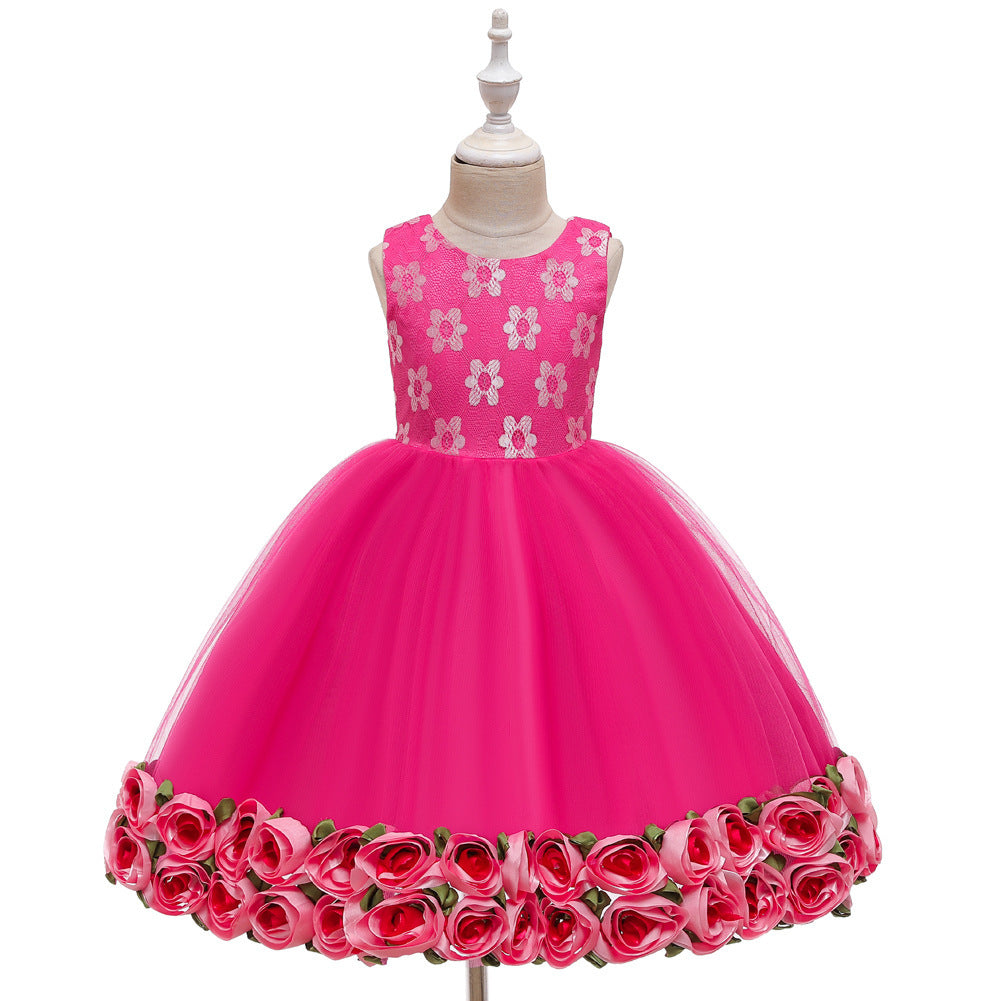 Princess dress wedding girl dress flower girl mesh dress Rose red