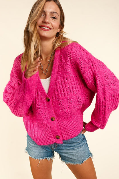 Haptics Full Size Button Down Crop Long Sleeve Cardigan Fuchsia