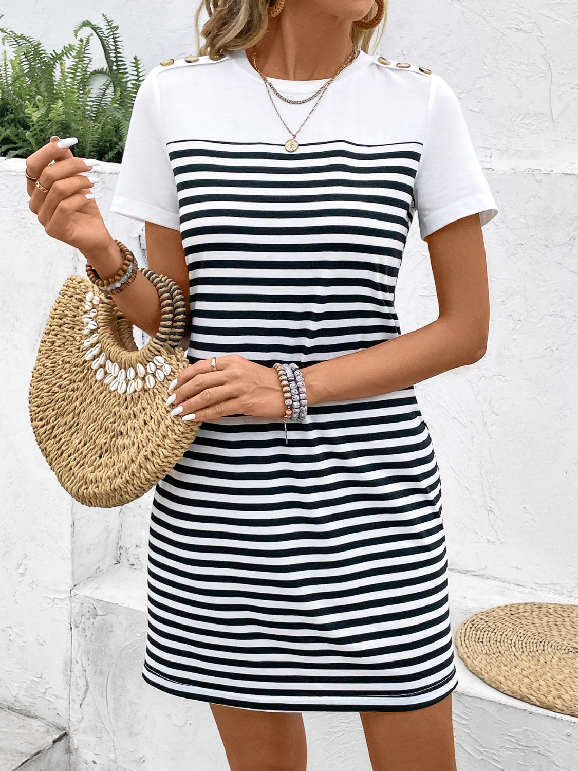 Striped Round Neck Short Sleeve Mini Tee Dress White