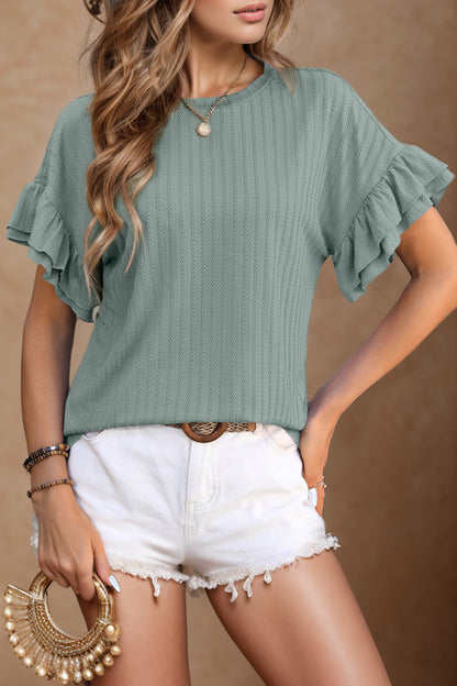 Round Neck Flounce Sleeve Blouse Sage