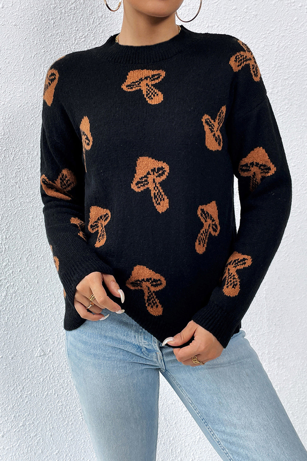 Graphic Mock Neck Dropped Shoulder Sweater Black