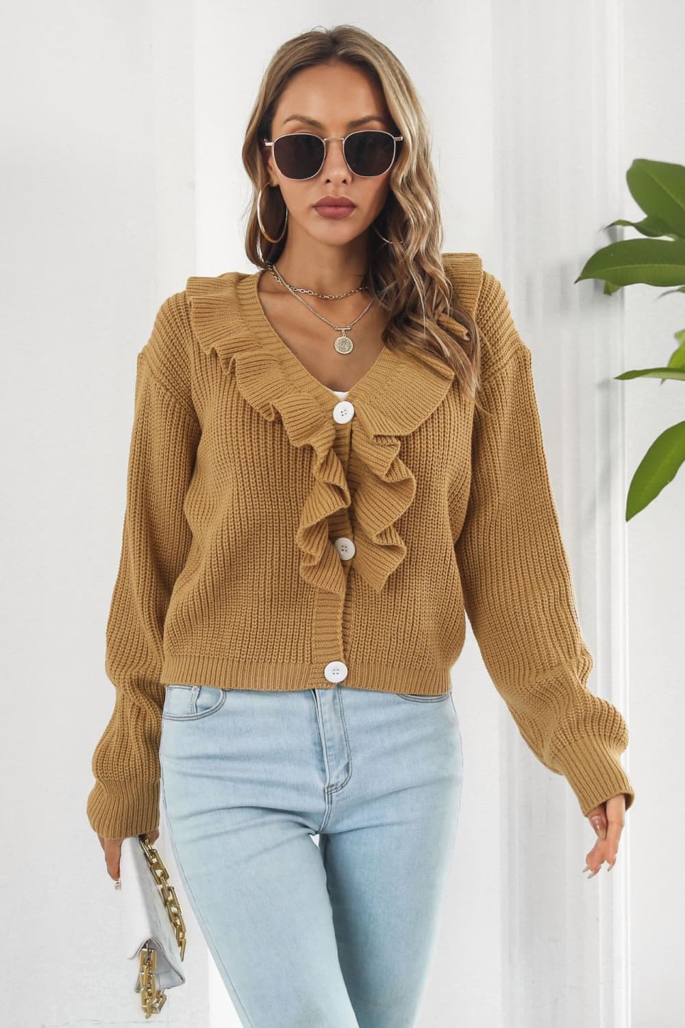 Ruffle Trim Button-Down Dropped Shoulder Sweater Camel