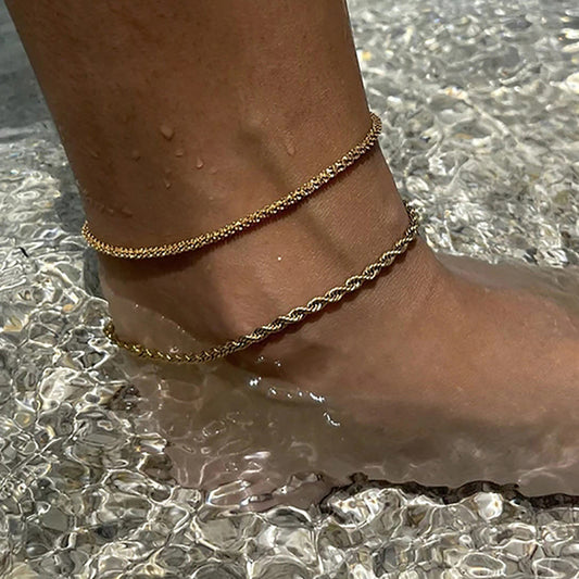 Stainless Steel Twist Chain Ankle Bracelet Gold One Size