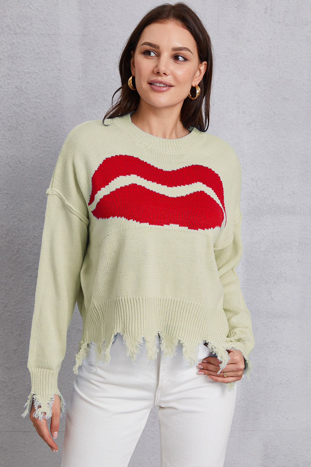 Lip Fringe Round Neck Sweater Sage