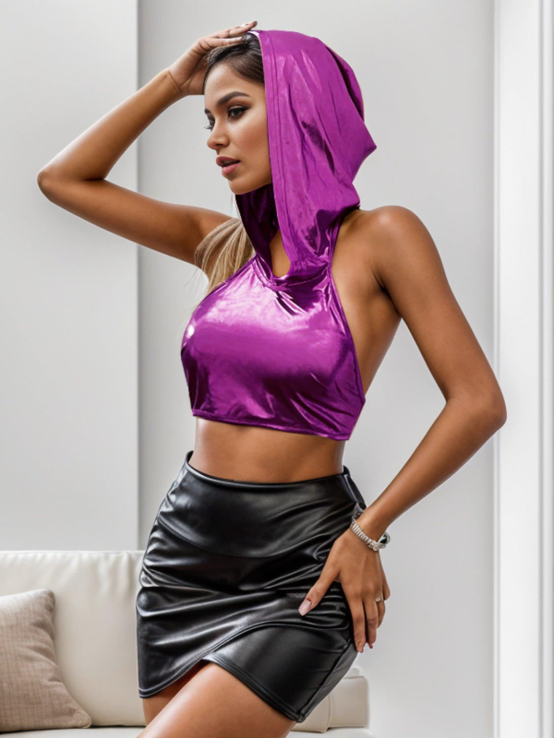 Backless Hooded Cropped Tank Purple