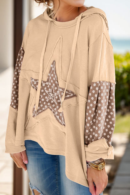 Drawstring Star Long Sleeve Hoodie Tan