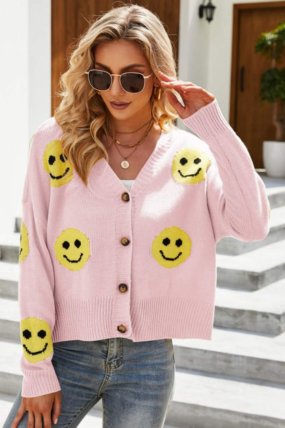 Smiley Face Ribbed Trim V-Neck Cardigan Pink