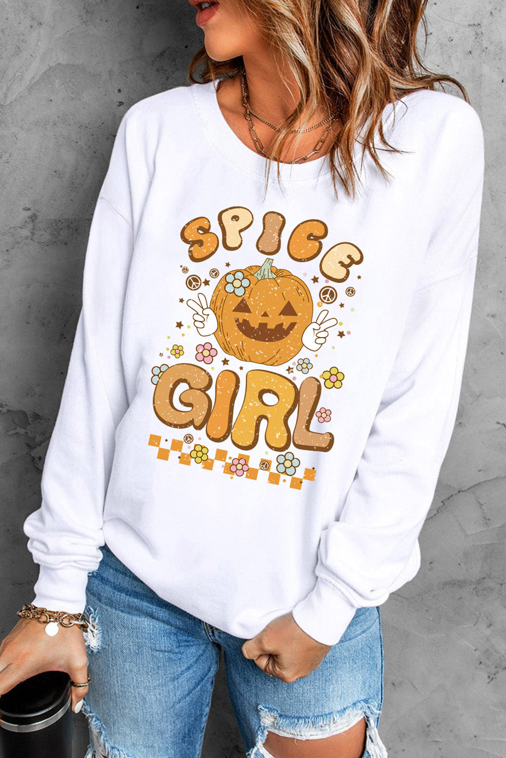 Round Neck Long Sleeve SPICE GIRL Graphic Sweatshirt Halloween White