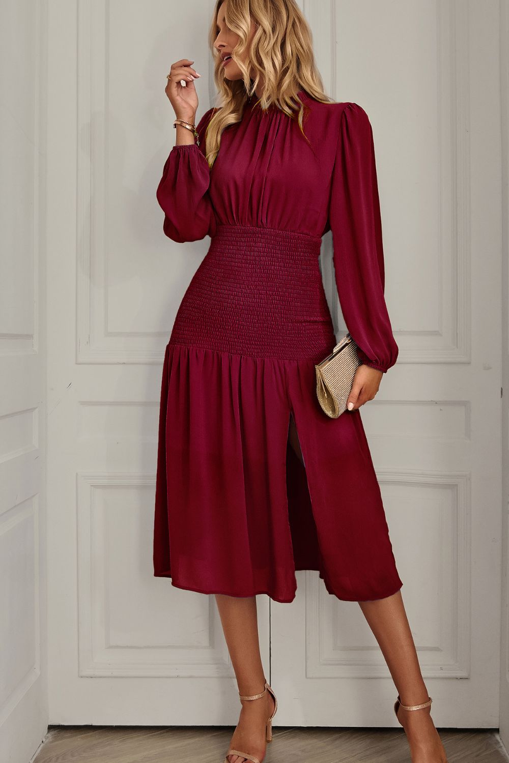 Slit Smocked Mock Neck Puff Sleeve Midi Dress Wine