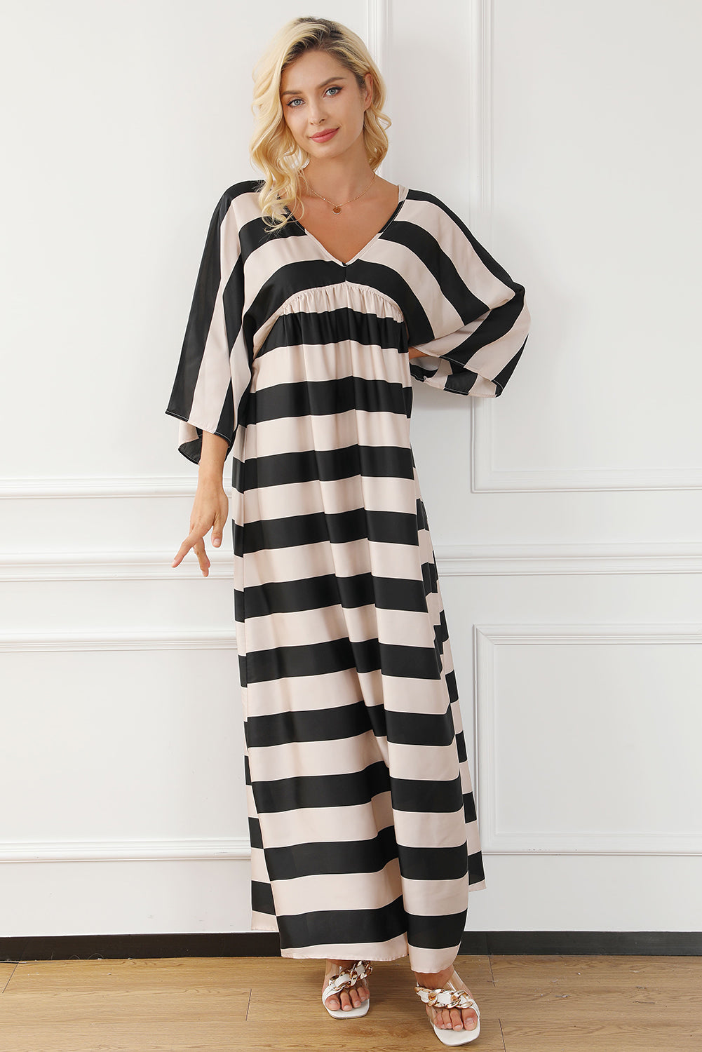 Striped V-Neck Ruched Dress