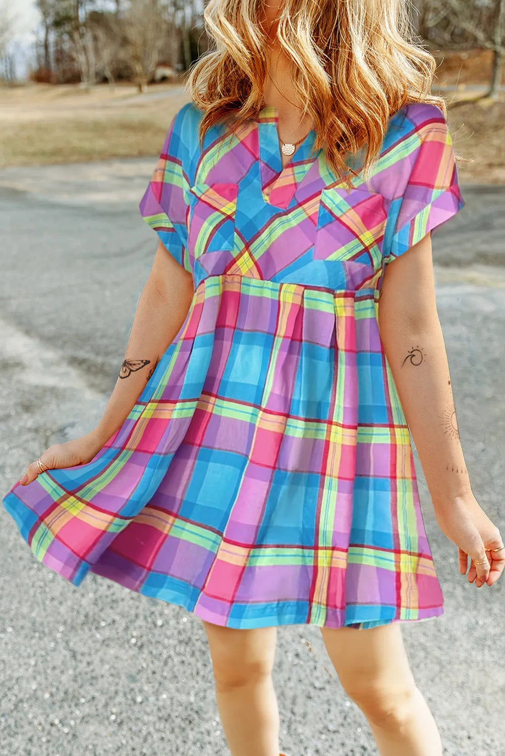 Plaid Notched Short Sleeve Mini Dress - Thandynie