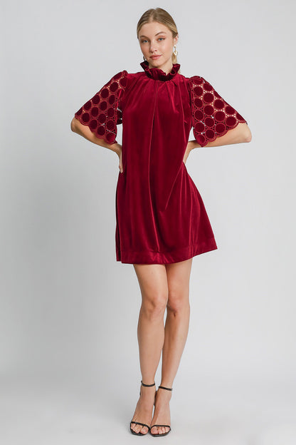 Umgee Dotted Lace Half Sleeve Mock Neck Back Tie Velvet Dress