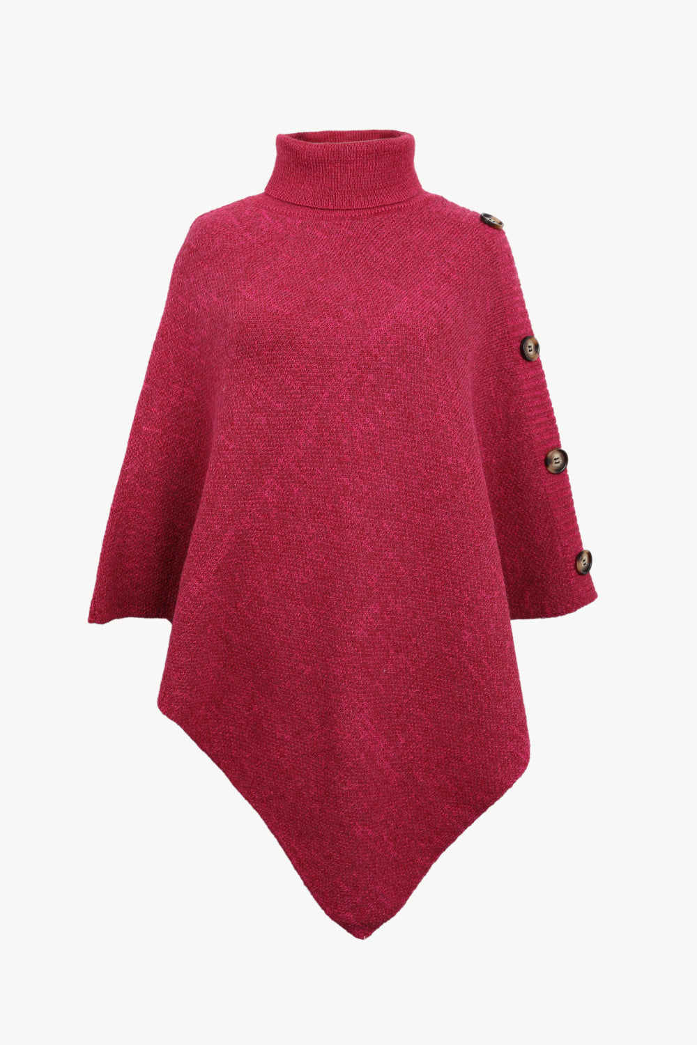Turtleneck Buttoned Poncho Hot Pink One Size
