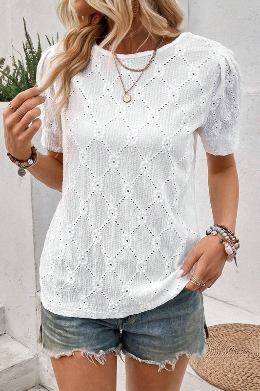 Eyelet Round Neck Short Sleeve Blouse White