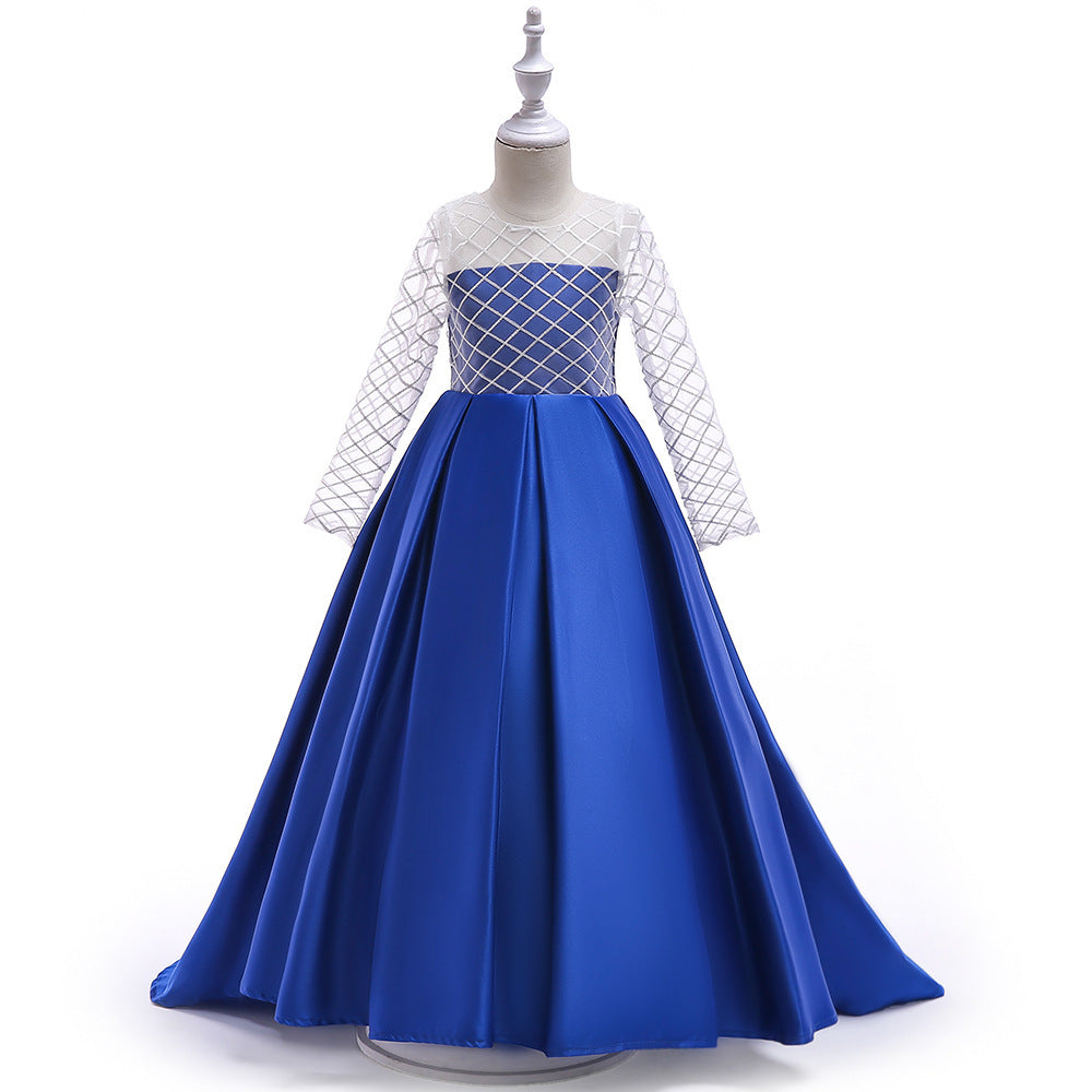 Mesh Long Sleeve Trailing Girls' Dress Color blue