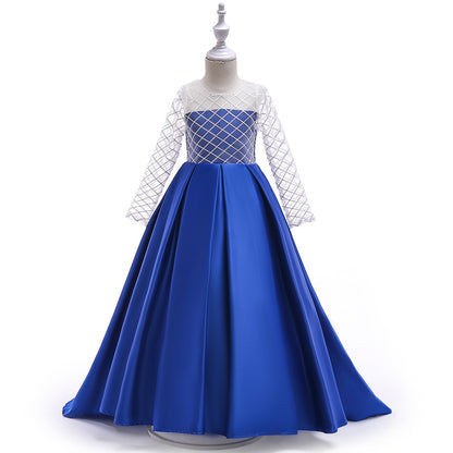 Mesh Long Sleeve Trailing Girls' Dress Color blue