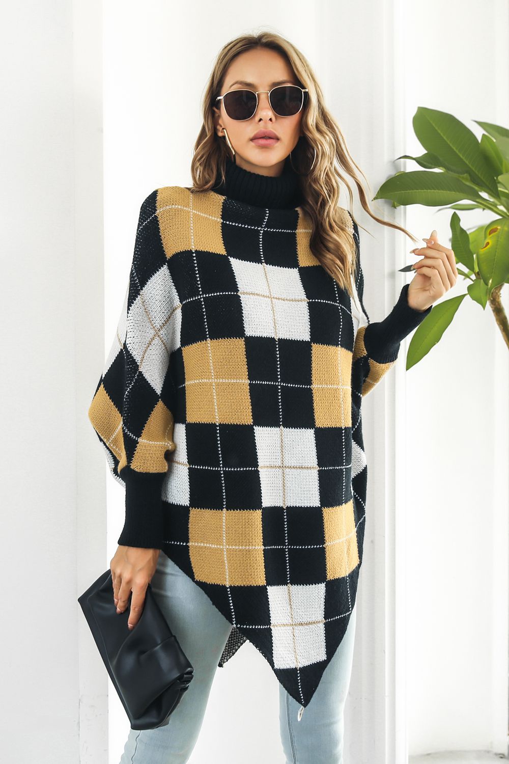 Plaid Turtleneck Dolman Sleeve Poncho - Thandynie