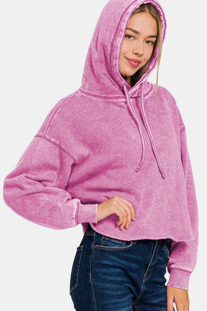 Zenana Acid Wash Fleece Cropped Hoodie