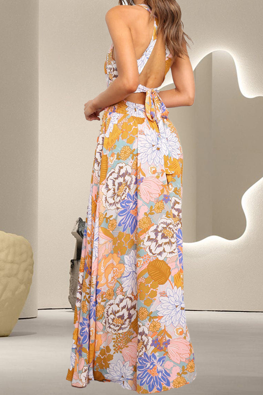 Tied Printed Grecian Sleeveless Maxi Dress - Thandynie