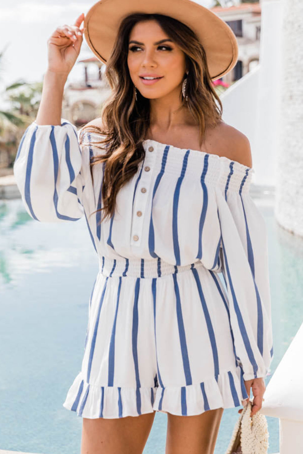 Striped Off Shoulder Smocked Romper Stripe