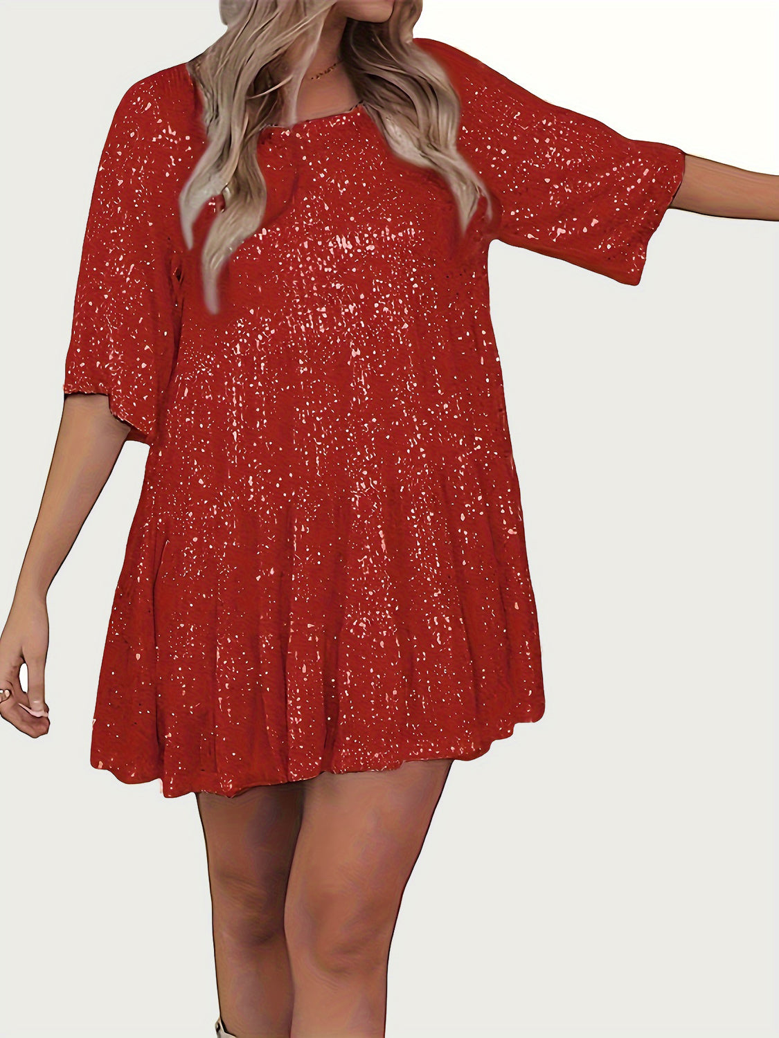 Full Size Sequin Round Neck Half Sleeve Mini Dress Deep Red