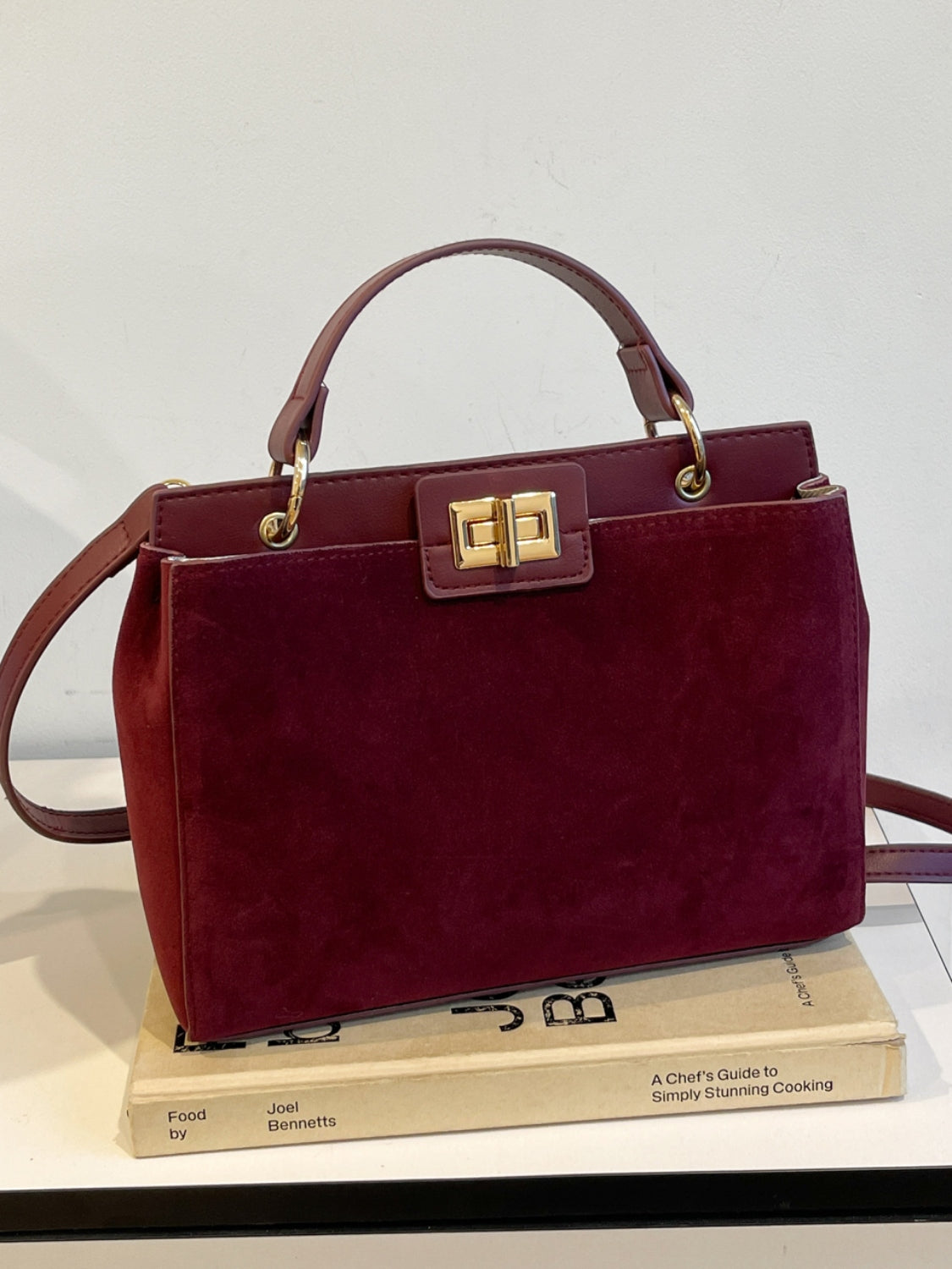 Solid Color Handbag with Removable Strap Burgundy One Size