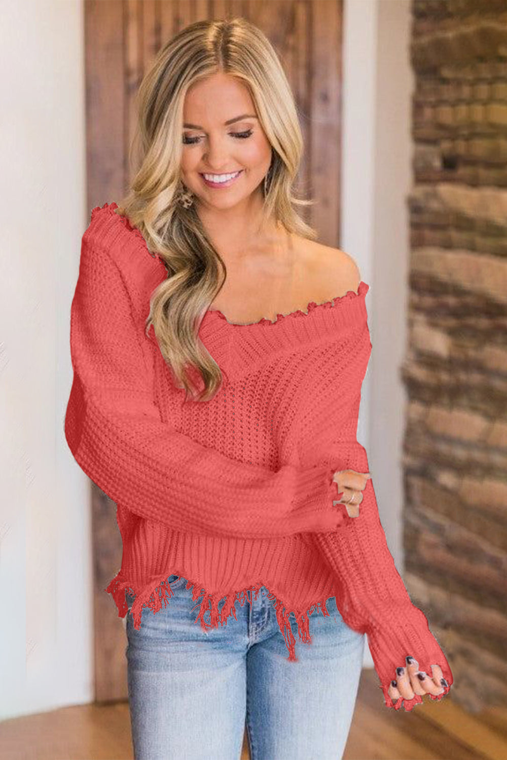 Frayed Hem Dropped Shoulder Sweater