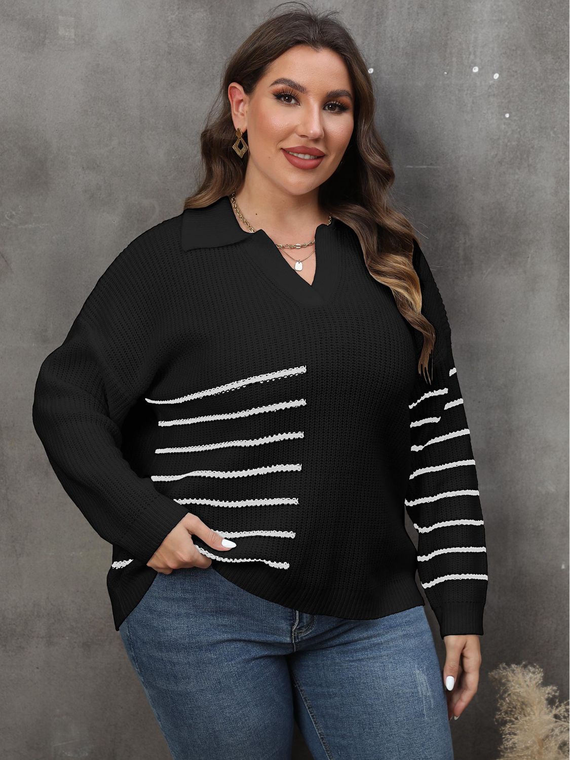 Plus Size Striped V-Neck Sweater