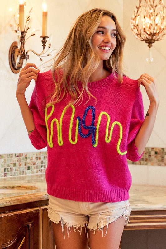 BiBi MOM Contrast Round Neck Sweater FUCHSIA