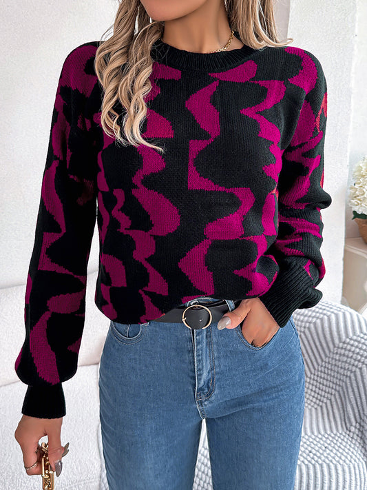 Round Neck Long Sleeve Sweater Deep Rose