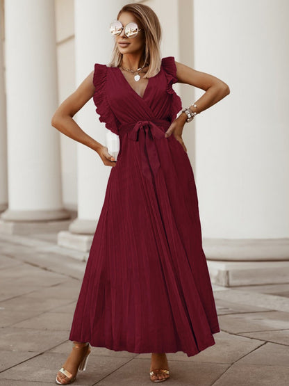 Tied Surplice Cap Sleeve Pleated Dress Burgundy