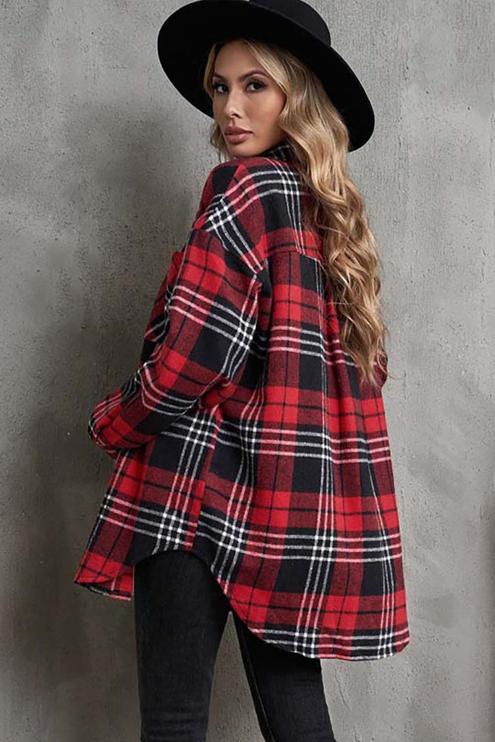 Plaid Collared Neck Button Up Jacket with Pockets - Thandynie