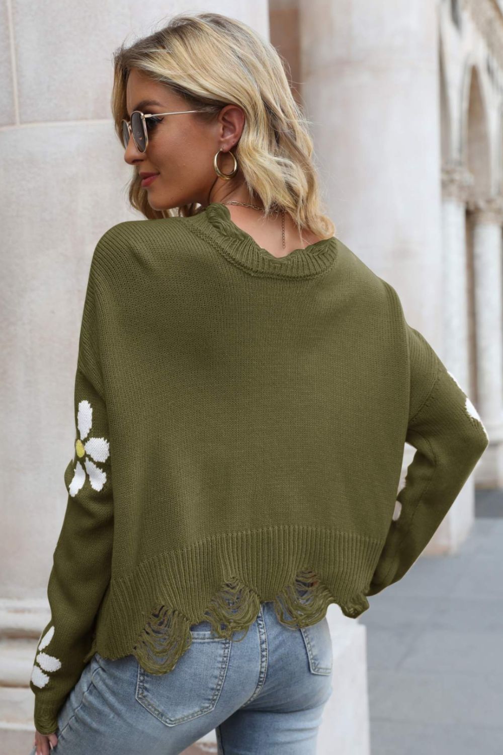 Flower Distressed Ribbed Trim Sweater