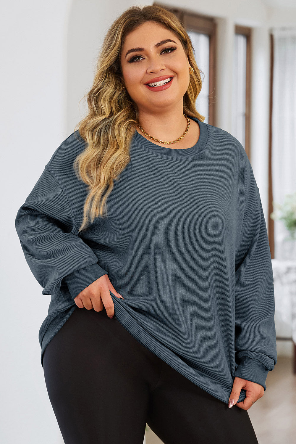 Blue Plus Size Corded Round Neck Sweatshirt Blue 100%Polyester