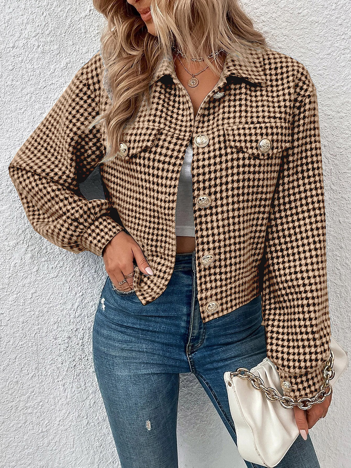 Houndstooth Collared Neck Button Up Jacket Camel