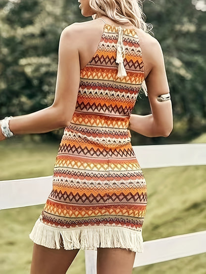 Full Size Fringe Grecian Neck Dress