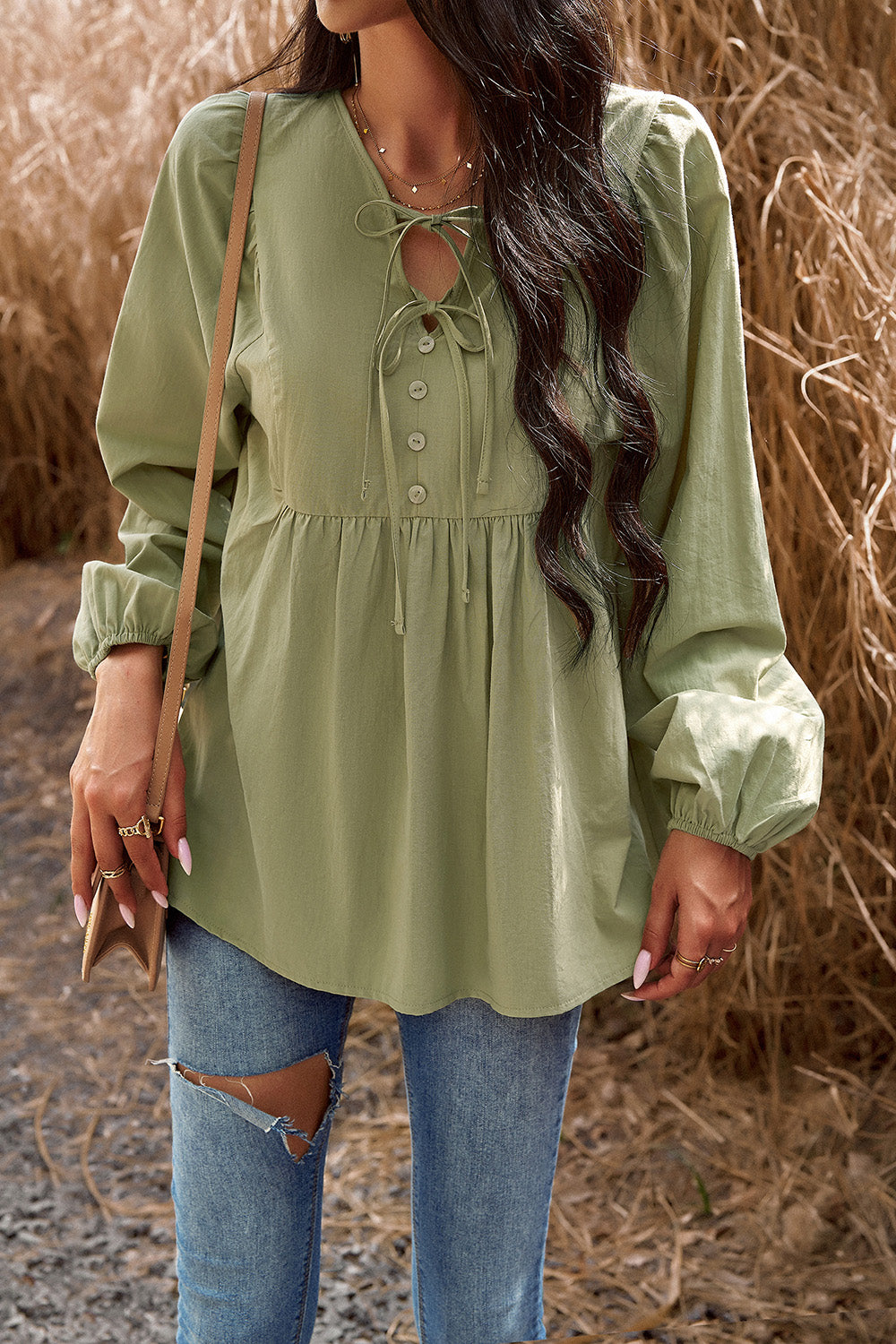 Tied Decorative Button Balloon Sleeve Blouse Light Green