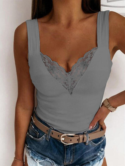 Full Size Lace Detail Sweetheart Neck Tank Dark Gray