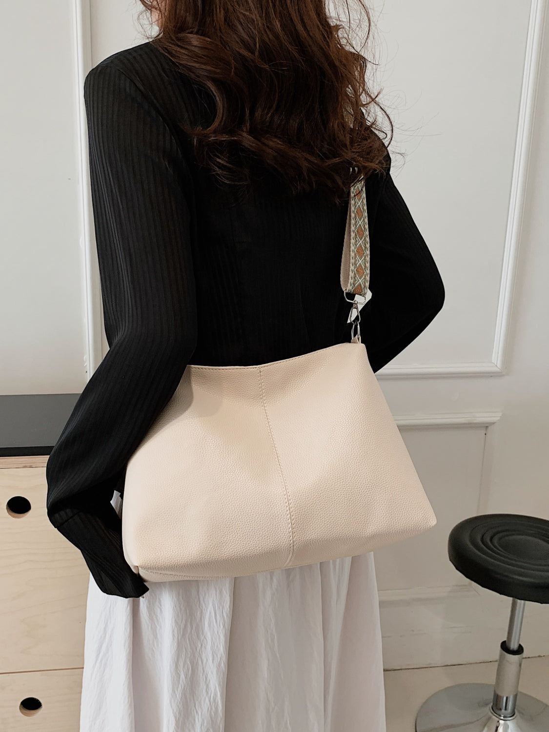PU Leather Geometric Pattern Strap Shoulder Bag Ivory One Size