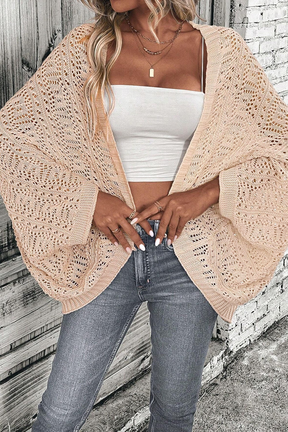 Openwork Open Front Long Sleeve Cardigan - Thandynie