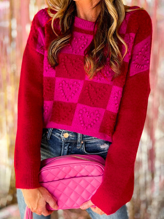 Plaid Heart Round Neck Sweater Scarlet