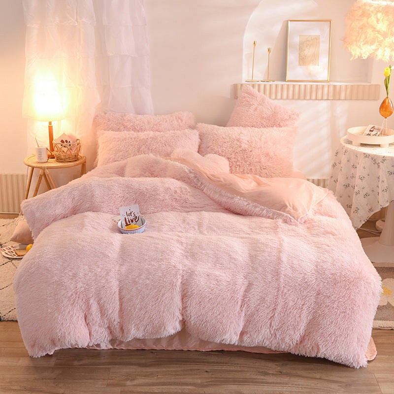 Luxury Thick Fleece Duvet Cover Queen King Winter Warm Bed Quilt Cover Pillowcase Fluffy Plush Shaggy Bedclothes Bedding Set Winter Body Keep Warm Pink