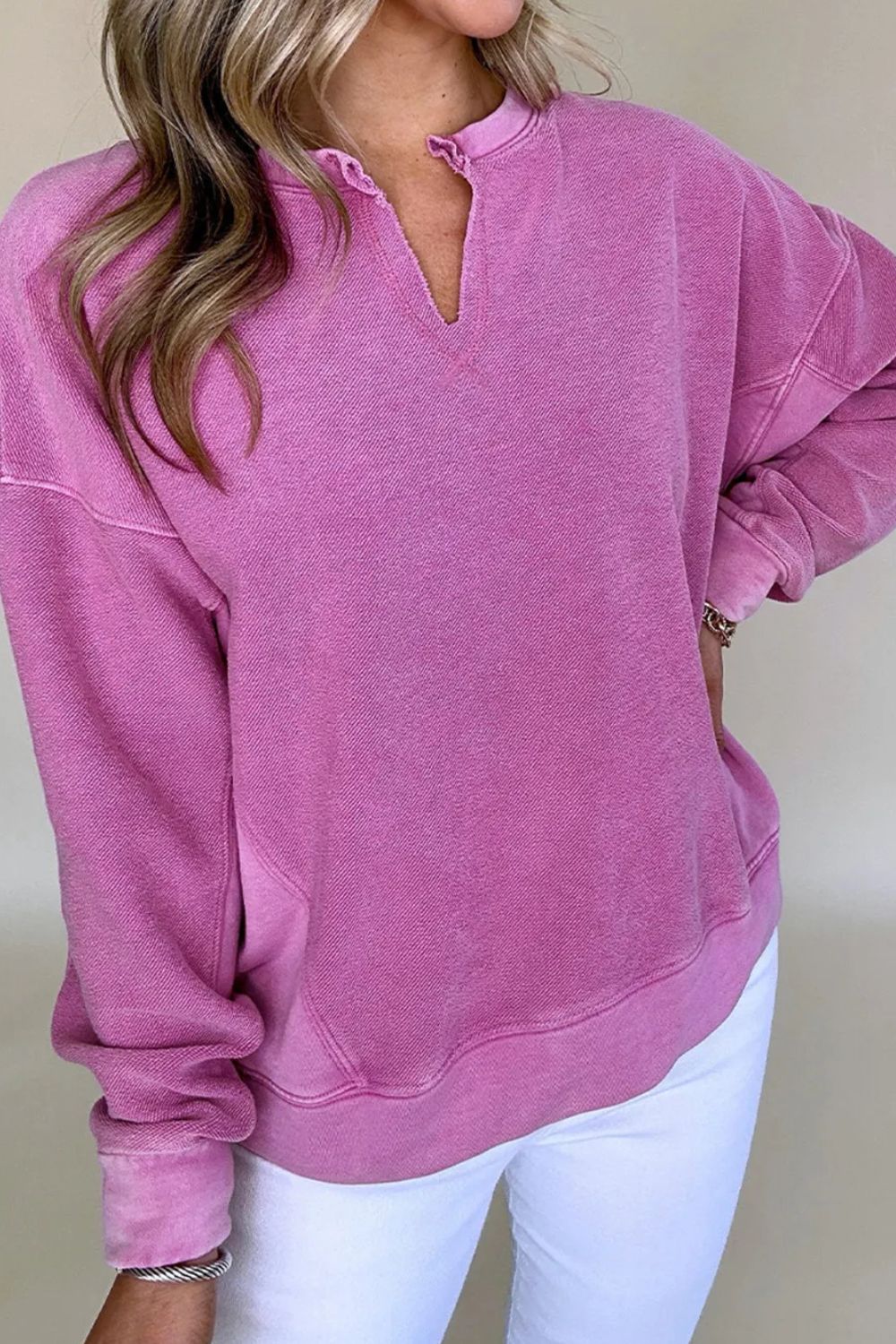 Notched Dropped Shoulder Long Sleeve Sweatshirt Cerise