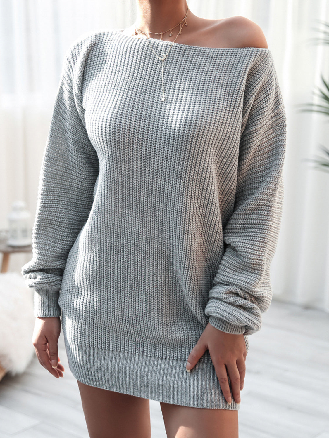 Rib-Knit Mini Sweater Dress Charcoal