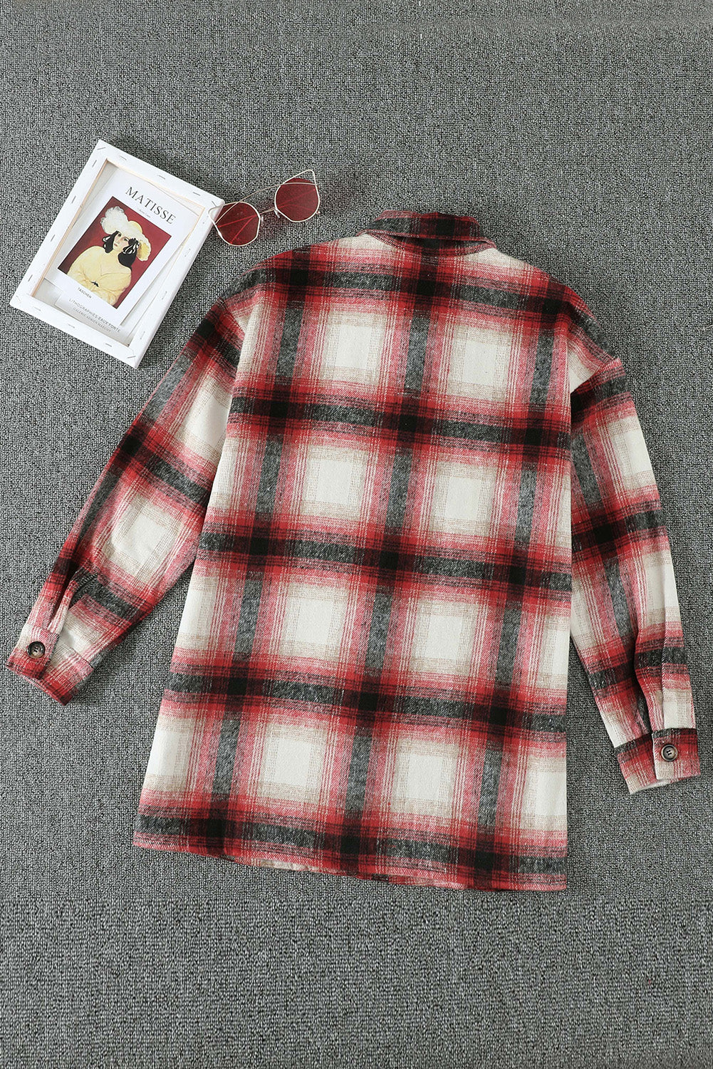 Red Turn down Neck Plaid Pocket Button Closure Coat