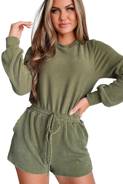 Jungle Green Corded Pullover Long Sleeve Drawstring Romper