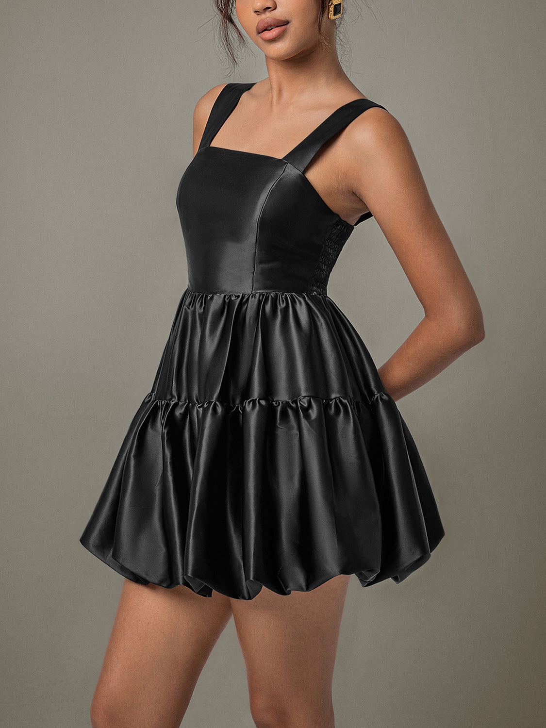 Ruched Square Neck Wide Strap Mini Dress Black