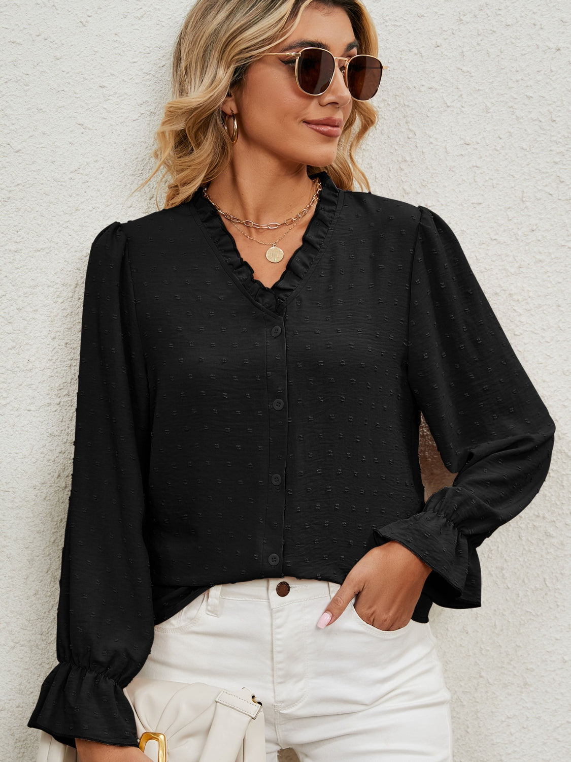 Button Up Flounce Sleeve V-Neck Shirt