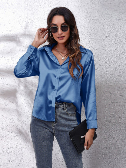 Collared Neck Buttoned Long Sleeve Shirt Dark Blue